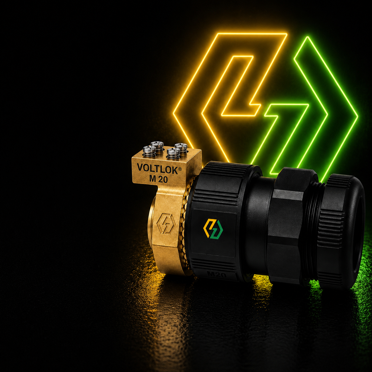 VOLTLOK M20 brass earthing nut fitted to a black SWA cable gland