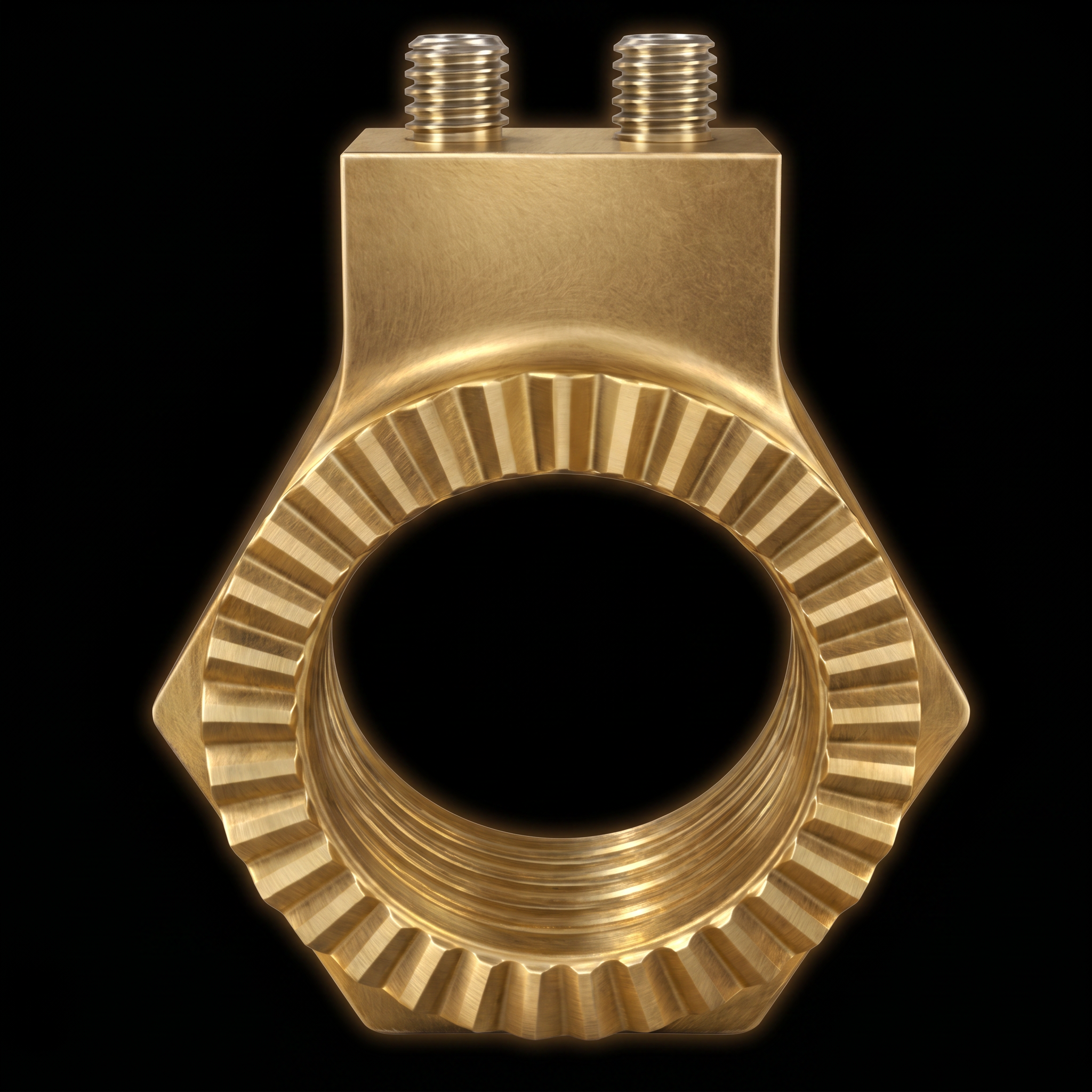 Engineering close-up of VOLTLOK brass earthing nut showing dual conductor entry and grub screws